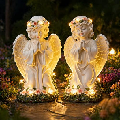 Amyhill 2 Pack Angel Garden Decor Statue Solar Outdoor Figurine Angel Gifts for Women Mom Grandma Light up Cherub Ornaments Outside Yard Lawn Patio Porch Sculpture Decorations
