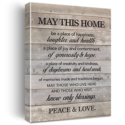New Home Wall Art May This Home Be a Place of Happiness Canvas Print Inspirational Quote Framed Painting for Wall & Tabletop Decor Housewarming Gift