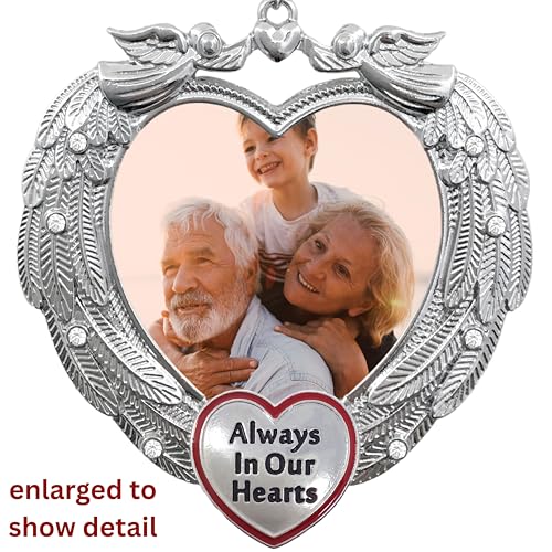 Memorial Photo Ornament Always in Our Hearts, Heart-Shaped Angel Wing Remembrance Ornament with Clear Gems, Sympathy Christmas Ornament with Gift Storage Bag, Holds 2" Photo, 3.25"