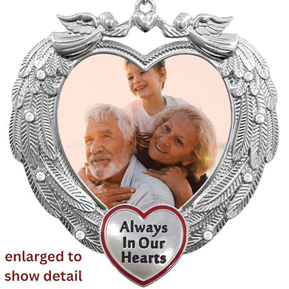 Memorial Photo Ornament Always in Our Hearts, Heart-Shaped Angel Wing Remembrance Ornament with Clear Gems, Sympathy Christmas Ornament with Gift Storage Bag, Holds 2" Photo, 3.25"