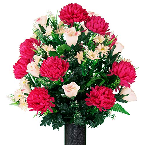 Artificial Cemetery Flowers – Realistic Vibrant Roses, Outdoor Grave Decorations - Non-Bleed Colors, and Easy Fit - 1 Beauty Mum and Pink Rose Bouquet - color: Pink, size: 1 Bouquet