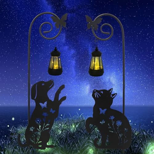 2 Pack Solar Cat Dog Lantern Garden Stakes 28.7in Metal Night Light - color: Black Cat and Dog