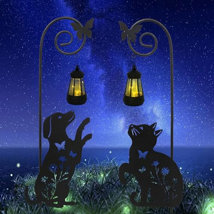 2 Pack Solar Cat Dog Lantern Garden Stakes 28.7in Metal Night Light - color: Black Cat and Dog