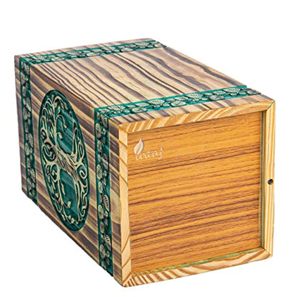 Wooden Urn for Human Ashes, 640 Cu in, XX-Large, Teal & Gold | Hand-carved wood, teal over gold, screw-locked sliding base, engraving available, holds two adults, to 640 lb combined - color: Teal & Gold, size: XL - 14Hx7.5W (640 Cu/In)