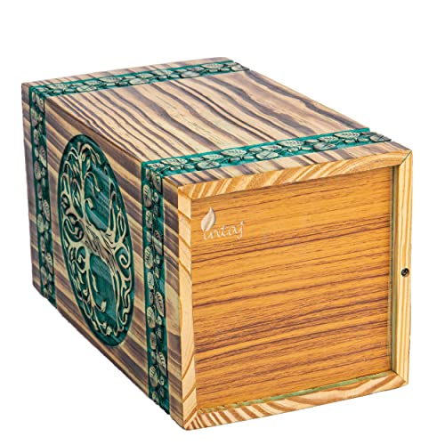 Wooden Urn for Human Ashes, 640 Cu in, XX-Large, Teal & Gold | Hand-carved wood, teal over gold, screw-locked sliding base, engraving available, holds two adults, to 640 lb combined - color: Teal & Gold, size: XL - 14Hx7.5W (640 Cu/In)