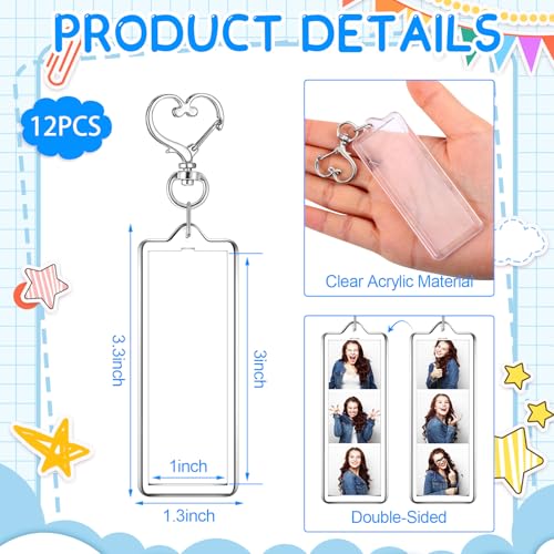MTLEE 12 Pcs Mini Photo Strip Keychain Frame 1x3 Inch Acrylic Photo Booth Keychain Double Sided Keyring Blank DIY Custom Gift - style: Heart Clasp
