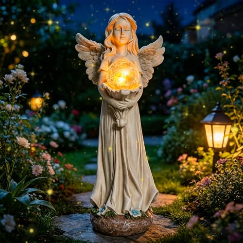 MUMTOP Angel Statues for Garden, White Solar Angels Statue for Cemetery | Lighted Yard Angel Statues Outside with Crackle Glass Ball LED Light,Resin Memorial Figurines Gifts for Women,lawn decoration