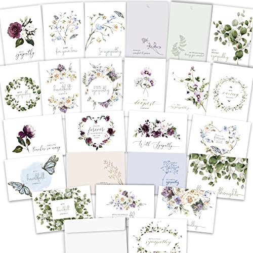 Sympathy Cards with Envelopes — 24 Unique Watercolor Condolence Cards, Blank Inside, Pre-Scored Double Sided (Variety)