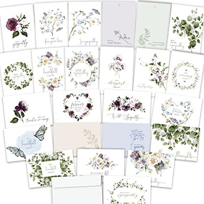 Sympathy Cards with Envelopes — 24 Unique Watercolor Condolence Cards, Blank Inside, Pre-Scored Double Sided (Variety)