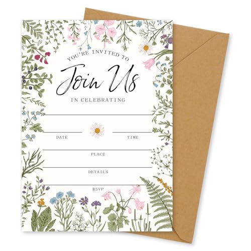 Whaline 25 Packs Vintage Floral Invitations with Envelopes and Stickers Retro Wildflower Invitation Cards Spring Fill in Blank Invites for Wedding Birthday Bridal Baby Shower Party, 5 x 7 Inch