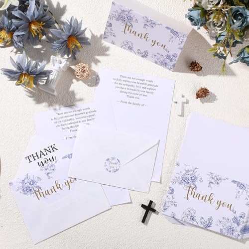 Fumete 50 Set Funeral Thank You Cards, Blue Floral - style: Blue Floral