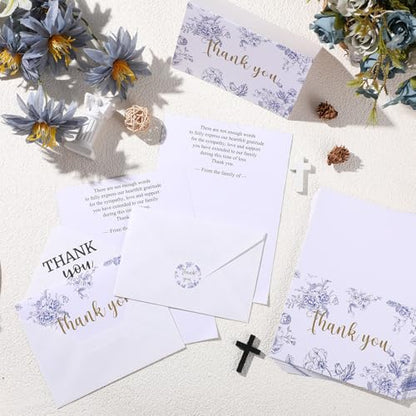 Fumete 50 Set Funeral Thank You Cards, Blue Floral | with Envelopes and Sticker Thank You Sympathy Card with Message Bereavement for Funeral Family Loved Ones Celebration of Life - style: Blue Floral