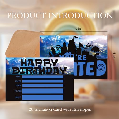 Gaming Birthday Invitations for Boys Shooting Party Invites with Envelopes - color: Blue Games