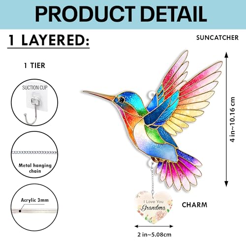 Hummingbird Acrylic Suncatcher with Heart Charm, I Love You Grandma Gift, Gifts for Grandma, Hummingbird Gifts, Grandma Birthday Gifts - color: Grandma Hummingbird