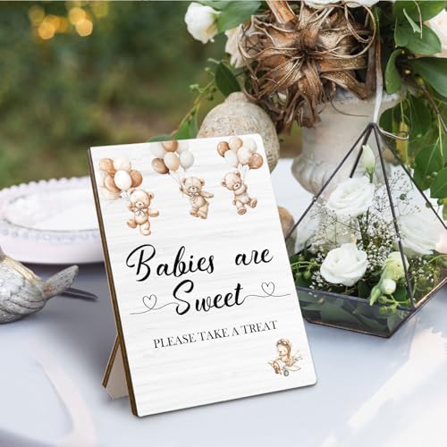 Bear Baby Welcome Shower Wooden Signs, Baby Shower Welcome Sign Stand 5x7 Inch, Sweet Boy And Girl Party Decor - color: sweet baby