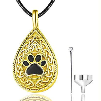 Dreamboat Pet Urn Necklace for Dog Cat Ashes 925 Sterling Silver Paw Print Cremation Keepsake Pendant Celtic Knot Memorial Jewelry Gifts for Women Men - style: 04C-Teardrop (Gold)