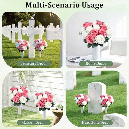 Lewondr Artificial Cemetery Flowers with Vase for Grave, Pink Roses, 2 Pack - color: White+pink