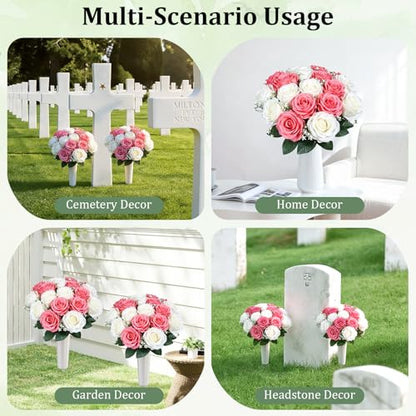 Lewondr Artificial Cemetery Flowers with Vase for Grave, Pink Roses, 2 Pack - color: White+pink