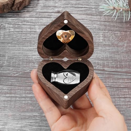 SOITIS Customized Small Pet for Dog Cats Urns for Ashes Wooden Heart Box, 1.18 Inches Stainless Steel Pet Urns for Cat Ash Engraving Memorial Wooden Urn - color: Custom-heart Box B