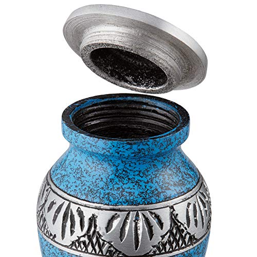 Reminded Small Cremation Urns for Human Ashes, Mini Keepsake Set of 4 Blue and Silver with Velvet Case - color: Blue