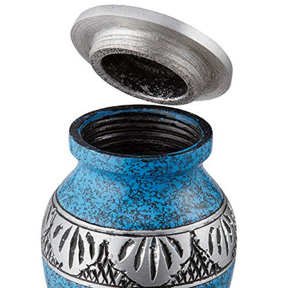 Reminded Small Cremation Urns for Human Ashes, Mini Keepsake Set of 4 Blue and Silver with Velvet Case - color: Blue