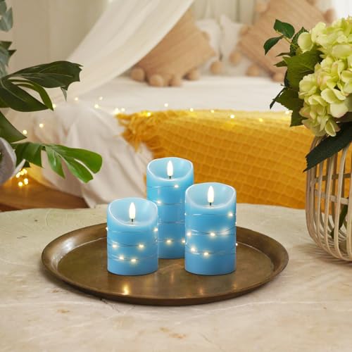 Homemory Flameless Candles with String Lights, 3 Pack Embedded Fairy String Lights LED Candles, Electric Flickering Candles with Remote Control and Timer, Real Wax, Blue - color: Blue