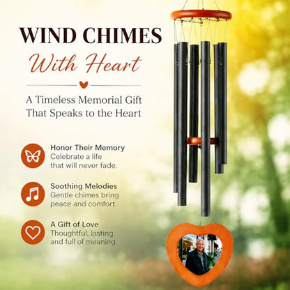 32 Inch Personalized Memorial Wind Chimes with Photo Frame | Double-Sided Poem & Design; Custom Photo Frame; Handwritten Memorial Card; Deep Tone; Indoor/Outdoor Keepsake