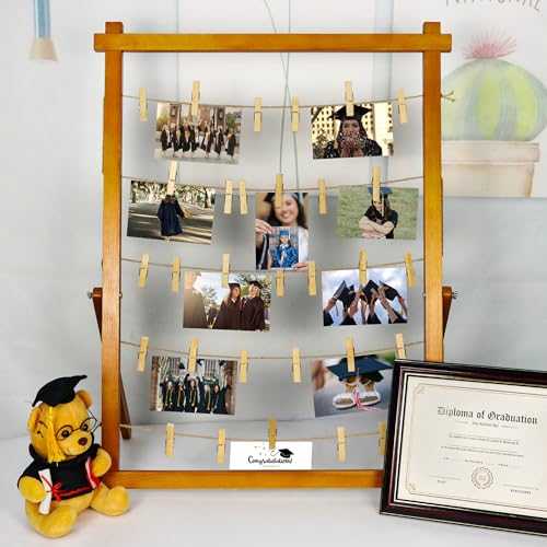 FramePro Wood Photo Display Board with Clips (Walnut) | Freestanding stable desktop frame, holds up to 30 photos, ideal graduation table centerpiece decor - color: Walnut