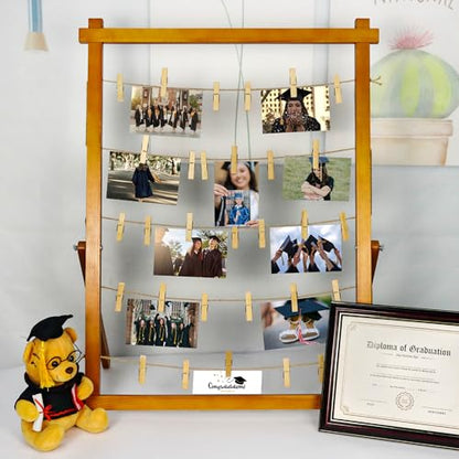 FramePro Wood Photo Display Board with Clips (Walnut) | Freestanding stable desktop frame, holds up to 30 photos, ideal graduation table centerpiece decor - color: Walnut