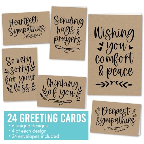 Hadley Designs Sympathy Cards with Envelopes - 24 Bereavement Cards for Loss of Loved One, I'm Sorry for Your Loss Card Bulk, Blank Condolence Card With Envelopes, Thinking of You Heartfelt Sympathies - style: Kraft Black 24 pcs