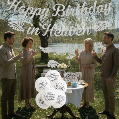 Happy Birthday in Heaven Decorations, Silver Glitter Heavensent Banner Set | Pre-strung Banners, Angel Wings Hanging Swirls Cake Topper White Balloons, Funeral Remembrance Heavenly Party Supplies - color: Silver