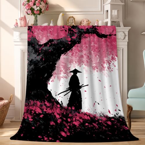 Japanese Cherry Blossom Throw Blanket, Flannel Blankets for Couch 50"×60" - color: Japanese Cherry Blossom Samurai