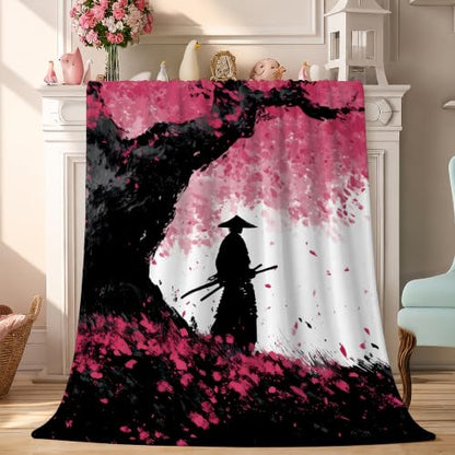 Japanese Cherry Blossom Throw Blanket, Flannel Blankets for Couch 50"×60" - color: Japanese Cherry Blossom Samurai
