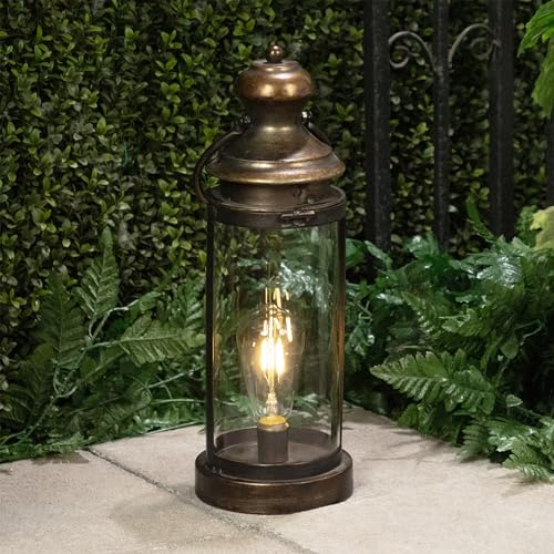 Alpine Corporation ILT102HH-S-GD Gold Metal & Glass Lantern with Warm White LED Light, LED Patio Light, 17" H, Small, Gold - style: 19" H - Gold Metal and Glass w/ Light