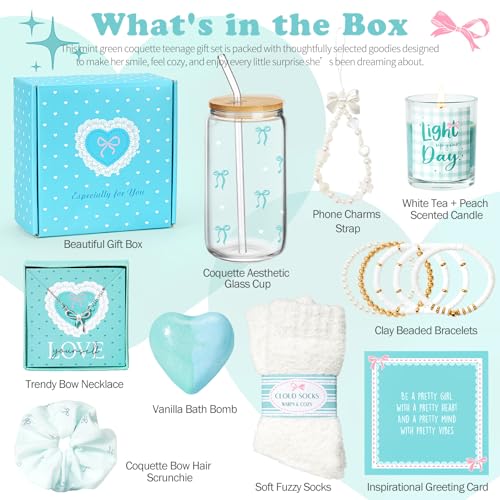 Gifts for Teen Girls, Teen Girl Gifts Trendy Stuff, Coquette Cute Bow Birthday Christmas Ideas Valentines Day Gift for Teen Girls Teenage Tween Daughter Sister Friend 14-16 16-18 Preppy Box Set - color: Mint Green