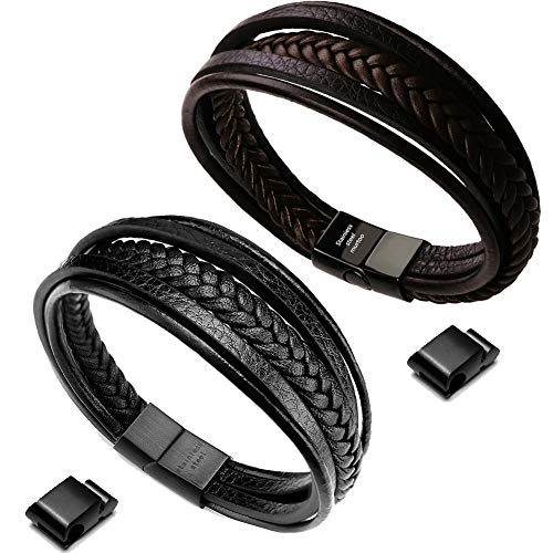 Mens Leather Bracelet with Clasp Cowhide Multi-Layer Braided Leather Mens Bracelet - style: 2pcs Couple leather style&8.5