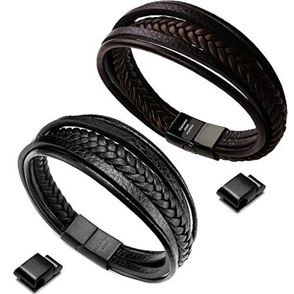 Mens Leather Bracelet with Clasp Cowhide Multi-Layer Braided Leather Mens Bracelet - style: 2pcs Couple leather style&8.5