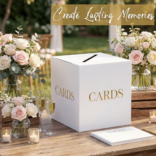 White Wedding Card Boxes for Receptions, Gift Card Box for Graduation Party | Thicker Paperboard Graduation Card Box for Party, Birthday, Retirement, Anniversary, Bridal & Baby Shower, Gold Foil Design - color: White