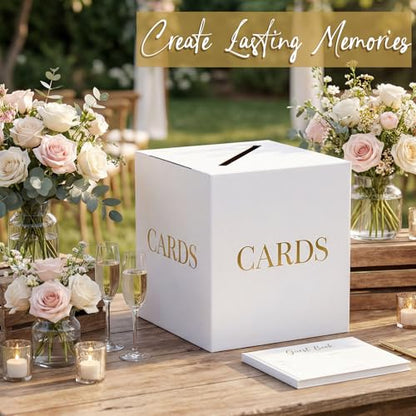 White Wedding Card Boxes for Receptions, Gift Card Box for Graduation Party | Thicker Paperboard Graduation Card Box for Party, Birthday, Retirement, Anniversary, Bridal & Baby Shower, Gold Foil Design - color: White