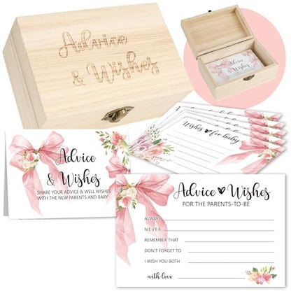 50 PCS Pink Bow Baby Shower Advice Cards For Parents To Be, Advice and Wishes Cards with Box for Baby Shower Games Advice for New Parents Baby Showers - color: Pink Bow
