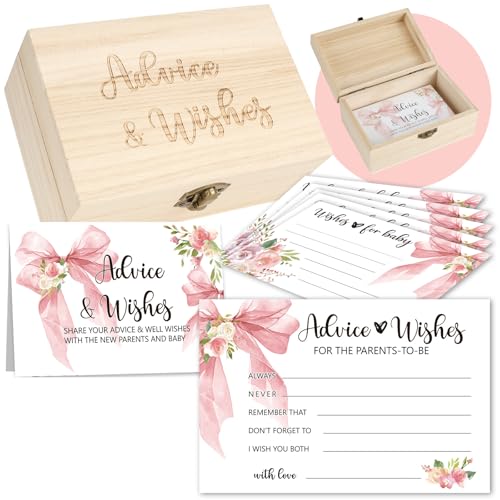 50 PCS Pink Bow Baby Shower Advice Cards For Parents To Be, Advice and Wishes Cards with Box for Baby Shower Games Advice for New Parents Baby Showers - color: Pink Bow