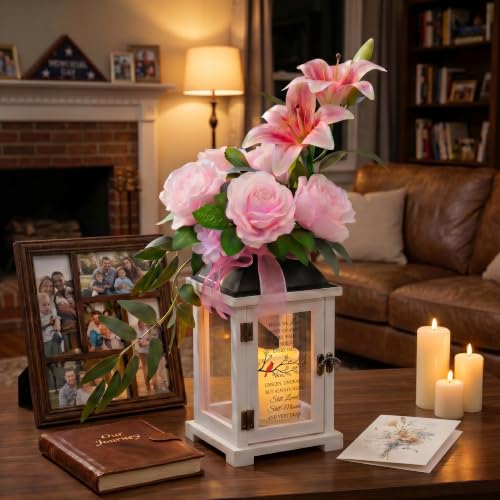 Memorial Lantern with Lily Rose Flower, Sympathy Gift for Loss of Mother Father, Bereavement Condolence Gift for Loss of Loved One - color: Those We Love Don't Go Away/Pink