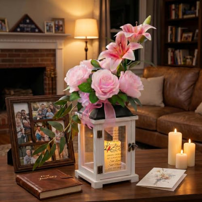 Memorial Lantern with Lily Rose Flower, Sympathy Gift for Loss of Mother Father, Bereavement Condolence Gift for Loss of Loved One - color: Those We Love Don't Go Away/Pink