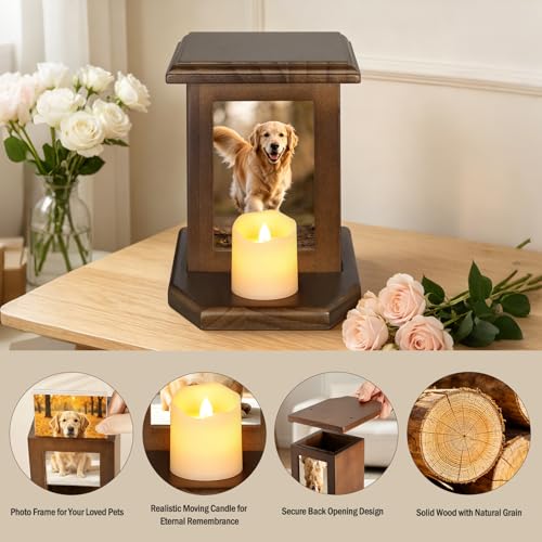 Dletay Pet Urn for Dogs 5.51 Inch with Photo Frame Memorial Small Cremation Urn for Dog Cat Ashes Decorative Pet Ashes Keepsake Memory Box Brown