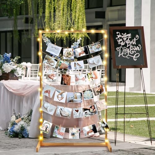 Colingmill 47 Inch Wedding Photo Display Frame Board with String Lights and 30 Clips Standing Picture Collage Board Photo Frame Display Holder for Wedding Bridal Shower Anniversary Party Decor