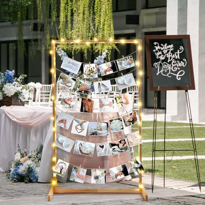 Colingmill 47 Inch Wedding Photo Display Frame Board with String Lights and 30 Clips Standing Picture Collage Board Photo Frame Display Holder for Wedding Bridal Shower Anniversary Party Decor