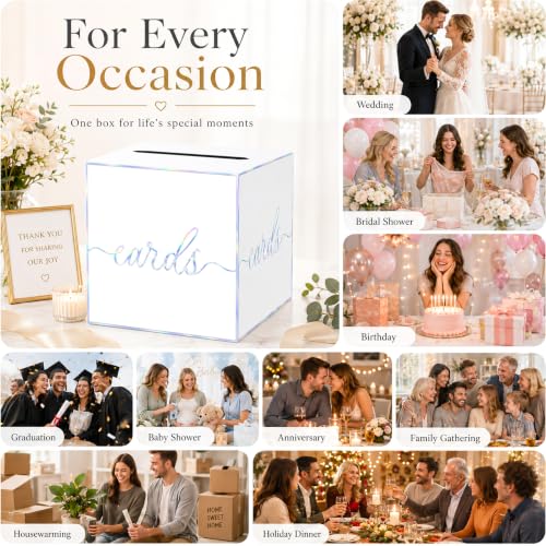 White Iridescent Card Box for Birthday Parties, Wedding and Bridal Shower | Collect Cards and Envelopes in One Place with an 8.7 Inch Cube, Wide Top Slot and Holographic White Design - color: White Iridescent