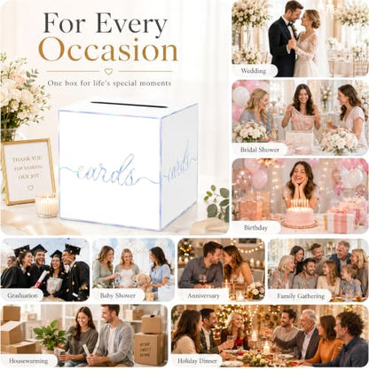 White Iridescent Card Box for Birthday Parties, Wedding and Bridal Shower | Collect Cards and Envelopes in One Place with an 8.7 Inch Cube, Wide Top Slot and Holographic White Design - color: White Iridescent