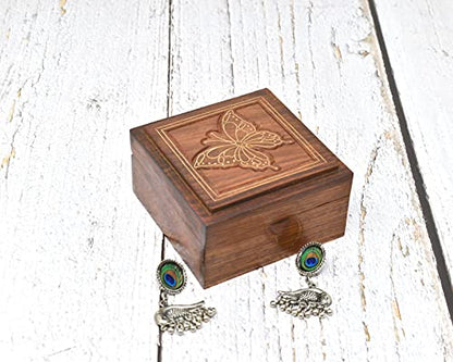 Wooden Box Keepsake Storage Multi Utility Hand Carved| Multipurpose Box| Jewelry Box (Butterfly2-4x4 inch)