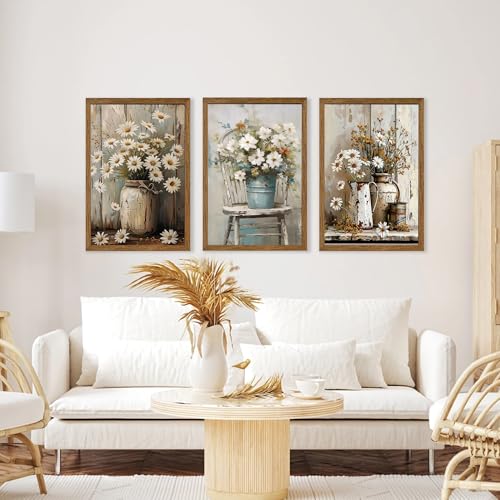 DUWQU Triptych Rustic Farmhouse Daisy Framed Canvas Wall Art 20x30 inch x3 - color: flower(Framed), size: 30"L x 20"W